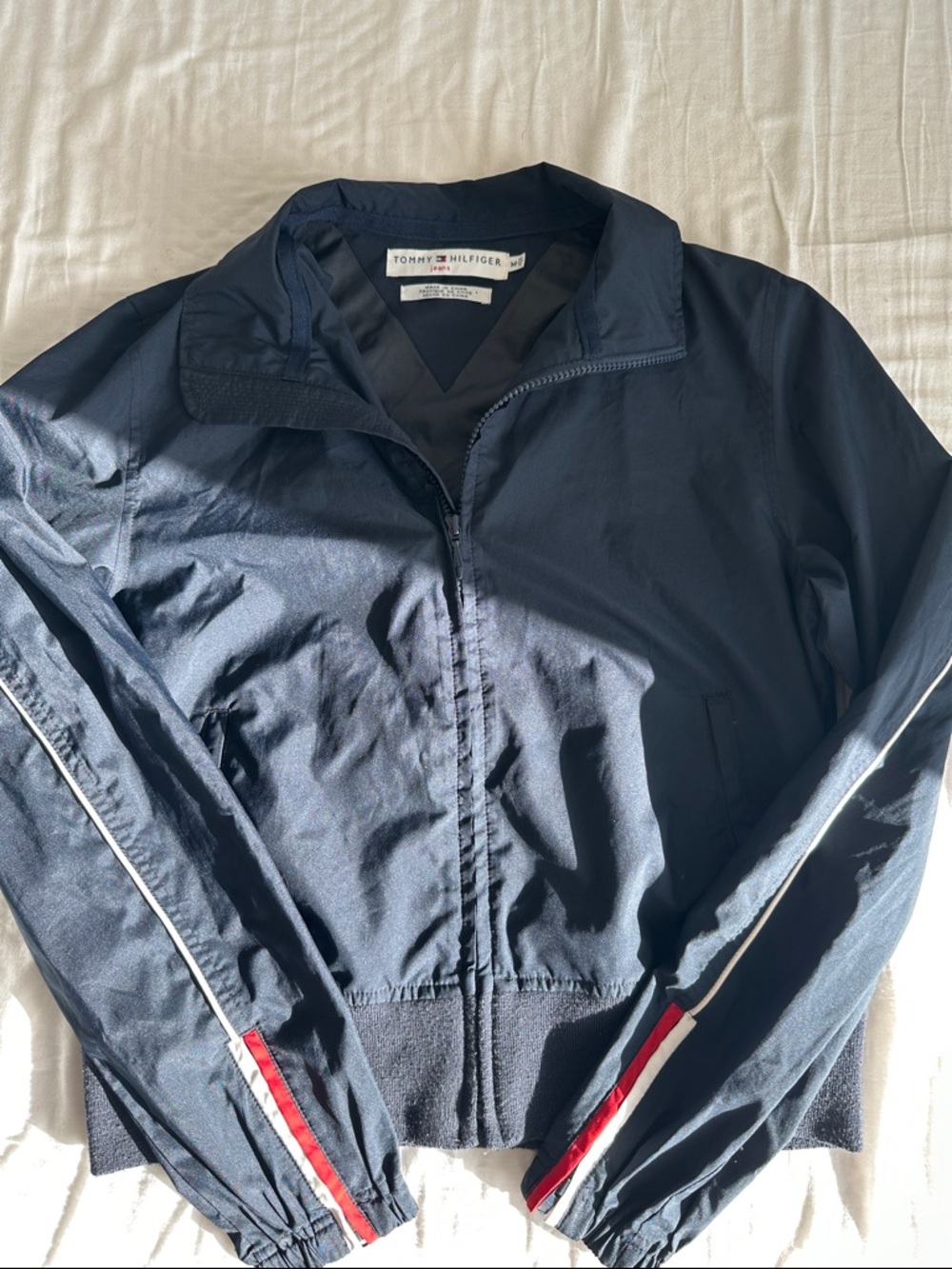 Vintage 2003 Tommy Hilfiger Navy Windbreaker with Red & White Stripe Trim